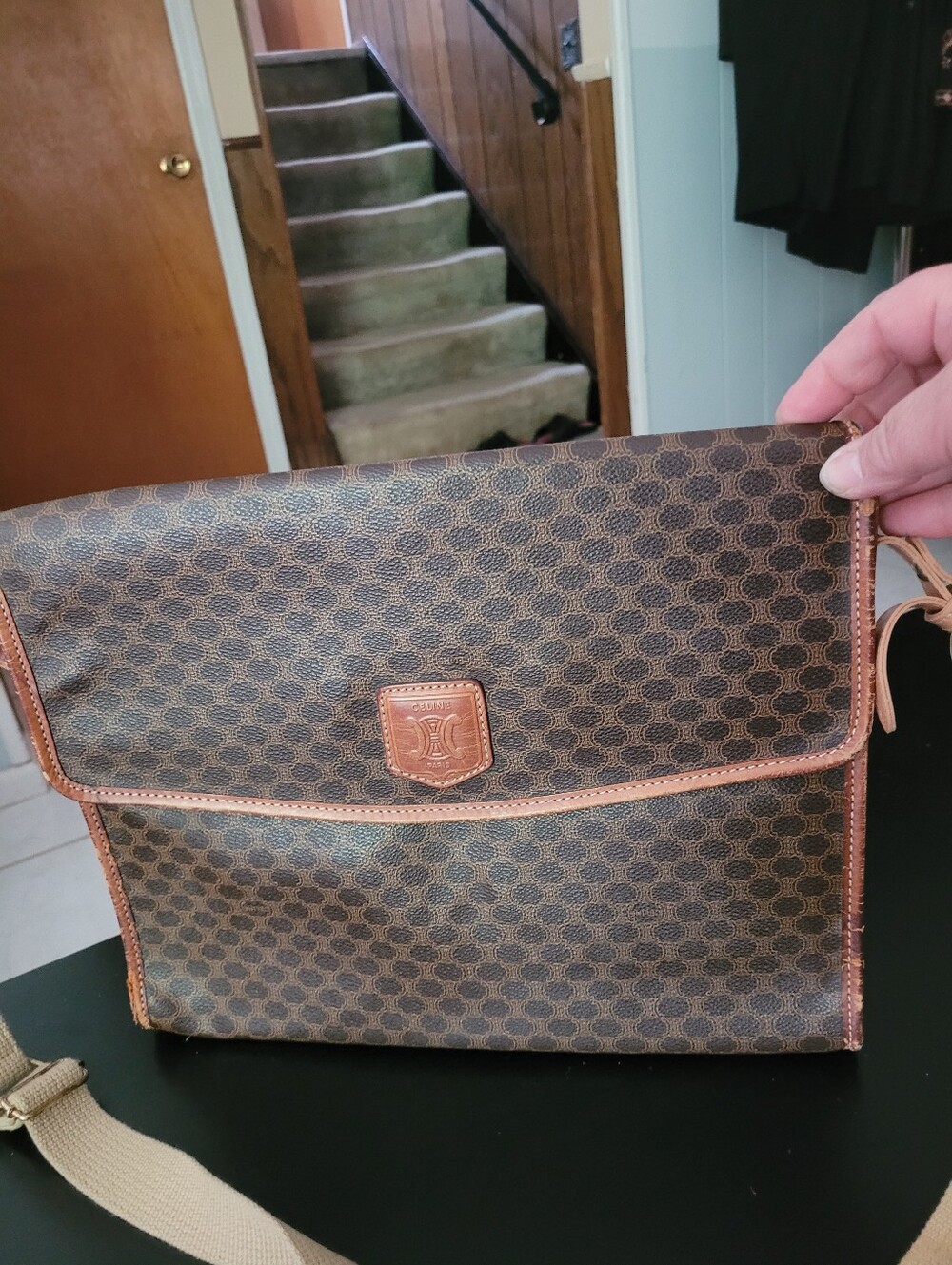 Celine Brown Patterned Canvas Messenger Bag with Tan Trim